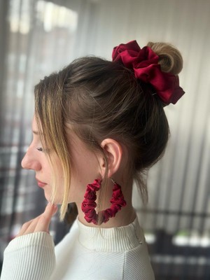 Gigi Bordo Scrunchie Toka ve Küpe Set