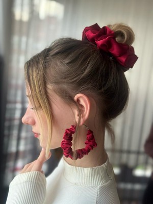 Gigi Bordo Scrunchie Toka ve Küpe Set