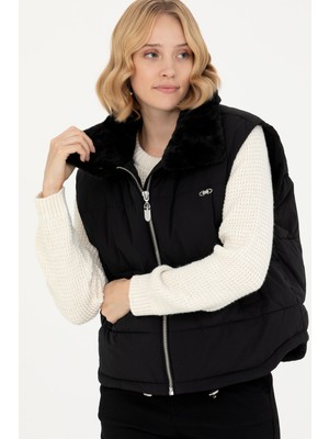 U.S. Polo Assn. Kadın Siyah Dokuma 50271166-VR046 Yelek Crop Stil Normal Kalınlık Tek Cepli Astarlı