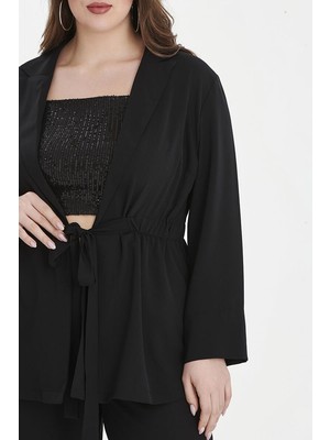 Even Plus Size Even Plus Size Siyah Krep Ceket Pantolon Büyük Abiye Takım 50