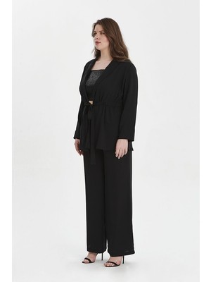 Even Plus Size Even Plus Size Siyah Krep Ceket Pantolon Büyük Abiye Takım 50