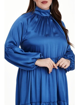 Even Plus Size Even Plus Size Mavi Ince Saten Dik Yaka Büyük Kadın Elbise 44