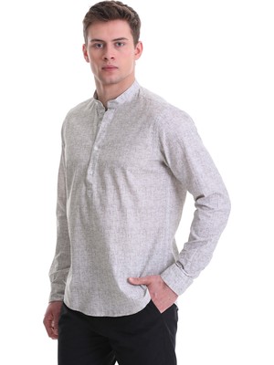 Hatemoğlu Gri Comfort Fit Baskılı 100% Pamuklu Hakim Yaka Uzun Kollu Casual Gömlek