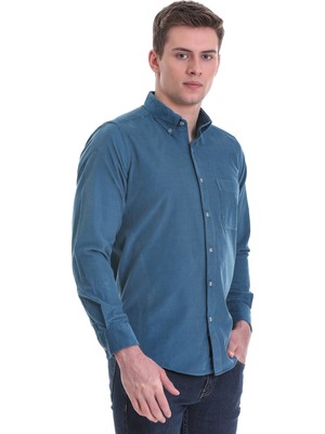 Hatemoğlu Mavi Slim Fit Düz 100% Pamuklu Düğmeli Yaka Uzun Kollu Klasik Gömlek