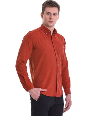 Hatemoğlu Kiremit Slim Fit Düz 100% Pamuklu Düğmeli Yaka Uzun Kollu Klasik Gömlek