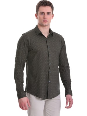 Hatemoğlu Yeşil Slim Fit Baskılı 100% Pamuklu Slim Yaka Uzun Kollu Baskılı Casual Gömlek