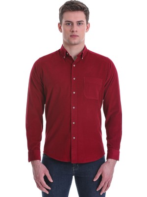 Hatemoğlu Bordo Slim Fit Düz 100% Pamuklu Düğmeli Yaka Uzun Kollu Klasik Gömlek