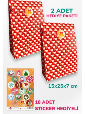 İstisna 2 Adet Özel Tasarım Yılbaşı Sevgililer Günü Temalı Hediye Paketi Kağıt Torba Sticker Hediyeli