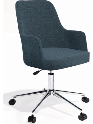 Hause Box Louis Dekoratif Home Office Çalışma Sandalyesi - Mavi Keten Kumaş (Krom Metal Ayak)