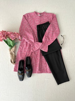 Küçüğüm Butik Pembe Poplin Fırfır Yakalı Tunik