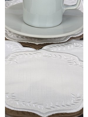 Bonny Home Yuvarlak Krem&krem 6'lı Linen Keten Kahve Yanı Kokteyl Sunum Parti Peçetesi Nakış Işlemeli Sunumluk