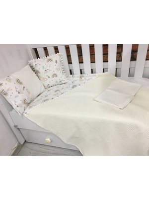 Buse Baby Home Krem , Çocuk Çok Amaçlı Poplin , Pikeli ve Ponponlu Nevresim Takımı 6'lı Set