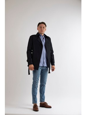 Maserto Slim Fit Erkek Kısa Model Lacivert Trençkot