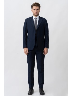 White Stone Lacivert Slim Fit Yelekli Kapaklı Cepli Premium Takım Elbise