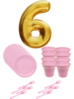 Parti Baskı 8 Tabak 8 Bardak 8 Çatal ( Pembe ) Rakam Folyo Balon 6 Yaş ( Gold Altın Sarısı )