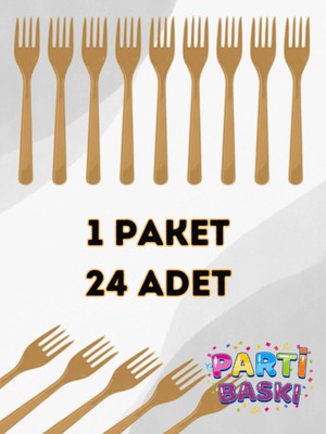 Parti Baskı 1 Paket 24 Adet Gold Altın Sarısı Plastik Çatal - Doğum Günü Parti Çatalı