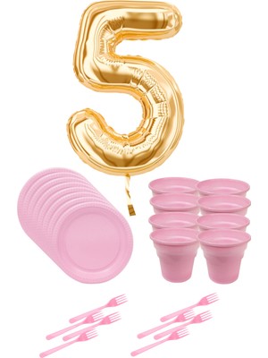Parti Baskı 8 Tabak 8 Bardak 8 Çatal ( Pembe ) Rakam Folyo Balon 5 Yaş ( Gold Altın Sarısı )