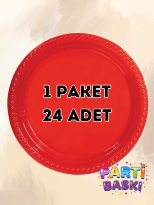 Parti Baskı 1 Paket 24 Adet Kırmızı Plastik Tabak - Doğum Günü Parti Tabağı