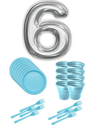 Parti Baskı 8 Tabak 8 Bardak 8 Çatal ( Mavi ) Rakam Folyo Balon 6 Yaş ( Gümüş )