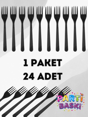 Parti Baskı 1 Paket 24 Adet Siyah Plastik Çatal - Doğum Günü Parti Çatalı