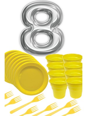 Parti Baskı Sarı Tabak - Sarı Bardak - Sarı Çatal Gümüş Folyo Balon Rakam 8 Yaş