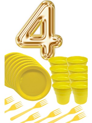 Parti Baskı Sarı Tabak - Sarı Bardak - Sarı Çatal Gold Folyo Balon Rakam 4 Yaş