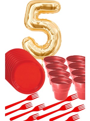 Parti Baskı 8 Tabak 8 Bardak 8 Çatal ( Kırmızı ) Rakam Folyo Balon 5 Yaş ( Gold Altın Sarısı )
