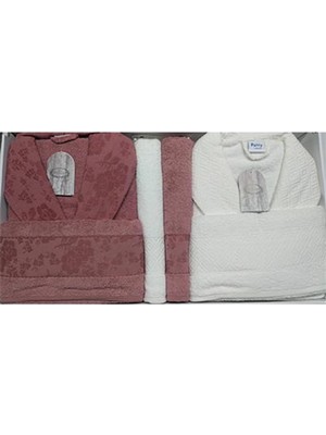 Şıkel Aile Bornoz Seti Jakarlı Cotton Purry Beyaz-Kiremit
