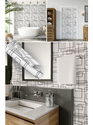 Dekoros Siyah Beyaz Geometrik Desenli Yapışkanlı Folyo, Mutfak, Tezgah, Masa, Dolap Kaplama Folyosu, Isıya Dayanıklı, Su Geçirmez, Kendinden Yapışkan Folyolar, Sticker, Büyük Ebatlı, Dekoros