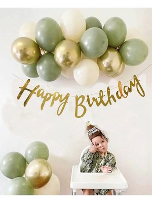 7 Küf Yeşili 3 Krom Gold 3 Kum Beji Rengi Pastel Balon Gold Happy Birthday Banner Zincir Balon Seti