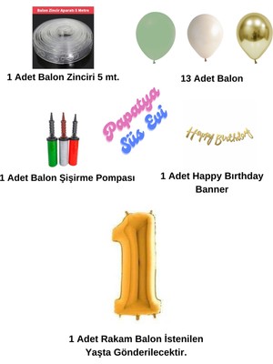 7 Küf Yeşili 3 Krom Gold 3 Kum Beji Rengi Pastel Balon Gold Happy Birthday Banner Zincir Balon Seti