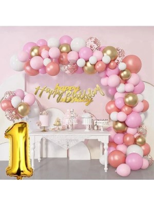 55 Adet Adet Balon Lüks Pembe Rose Gold 1 Yaş Balon Seti