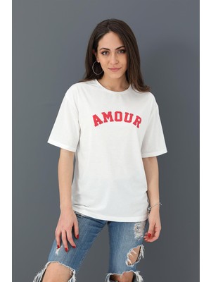 Serdem T-Shirt Bisiklet Yaka Amour Baskılı - Kırmızı