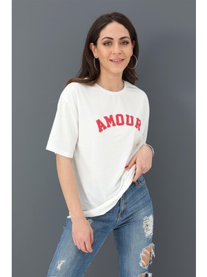 Serdem T-Shirt Bisiklet Yaka Amour Baskılı - Kırmızı