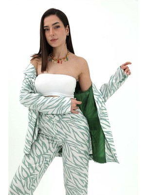 Serdem Zebra Desen Oversize Keten Ceket - Mint Yeşili