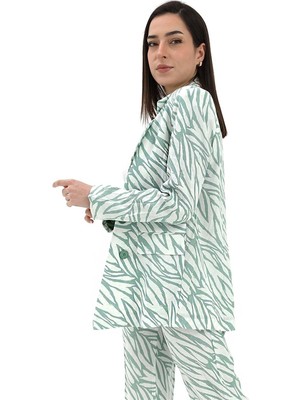 Serdem Zebra Desen Oversize Keten Ceket - Mint Yeşili