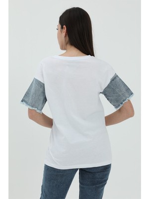 Serdem Kot Cepli T-Shirt - Beyaz