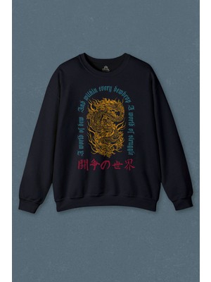 So Cool Lacivert Sweatshirt Dragon Japanese Urban Drake Ejder Japonca Uzak Doğu Baskılı Sweat