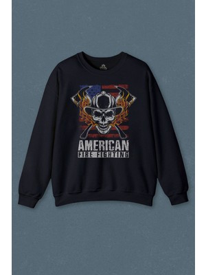 So Cool Lacivert Sweatshirt American Fire Fighter Skull Korsan Çekiç Kafali Baskılı Sweat