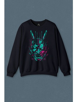 So Cool Lacivert Sweatshirt Mask Hannya Demon Japonca Japanese Maske Oni Baskılı Unisex Sweat