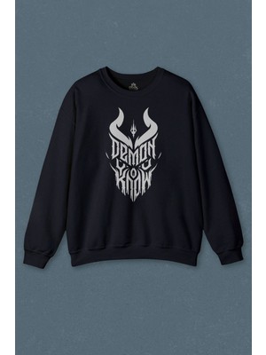 Lacivert Sweatshirt Demon You Know Devil Gothic Grunge Rock Baskılı Unisex Sweat