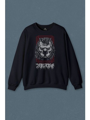 Lacivert Sweatshirt Brave Dog Head Stay Strong Güçlü Kal Gym Spor Baskılı Unisex Sweat