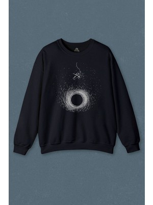 Lacivert Sweatshirt Kara Delik Üstünde Salinan Astronot Uzay Karadelik Baskılı Unisex Sweat