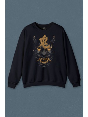 So Cool Lacivert Sweatshirt Mask Hannya Demon Maske Japonca Japanese Baskılı Sweat