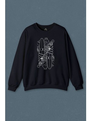 Lacivert Sweatshirt Disenos Papaz Iskambil Kağıdı Çizim Baskılı Unisex Sweat