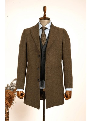 Guild Manastır Kılangıç Yaka Diagonal Haki Kaban Uzun Kol Erkek Midi Düz Desen