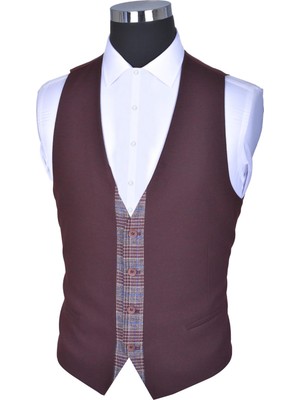 Baggi Slim Fit Ekose Yelekli Takım Elbise Bordo