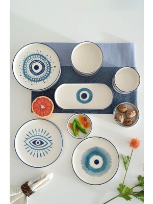 Kevin Seramik Hand Made14 Parça 6 Kişilik Nazar Boncuklu Kahvaltı Takımı&Lüx Sunum Tabakları