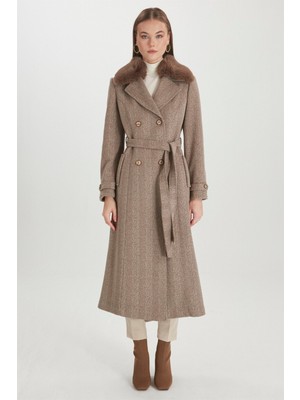 Zühre - Kürk Detaylı Kruvaze Yaka Kaşe Kaban