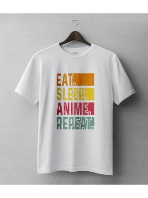 Buzagi Anime Eat Sleep Repeat Regular Kalıp Dijital Baskılı Beyaz Tişört